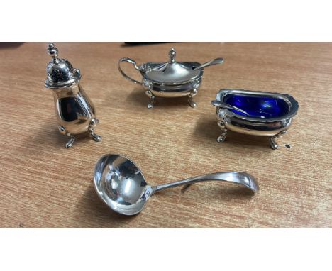  Sale Item:    3 PCE SILVER CONDIMENT SET &amp; SPOONS &amp; 1 EPNS SPOON  Vat Status:   No Vat   Buyers Premium:  This lot i