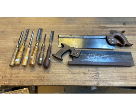  Sale Item:    2 SAWS &amp; WOOD CHISELS (AF)   Vat Status:   No Vat   Buyers Premium:  This lot is subject to a Buyers Premi
