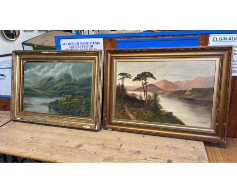  Sale Item:    2 OIL PAINTINGS HIGHLAND CATTLE &amp; RIVER SCENE (AF)  Vat Status:   No Vat   Buyers Premium:  This lot is su