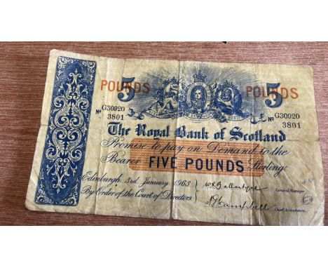 Sale Item:    1 x £5 NOTE ROYAL BANK SCOTLAND   Vat Status:   No Vat   Buyers Premium:  This lot is subject to a Buyers Prem