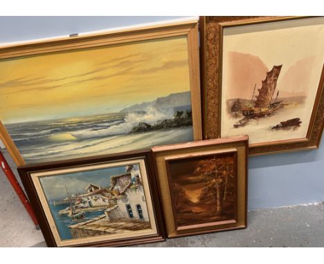 D K WongA junk in full sailAn oil paintingSignedTogether with three other oil paintings