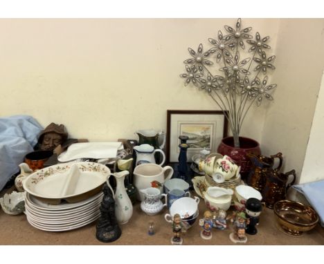 A Royal Albert bone china part tea set together with Hummel figures, copper lustre jugs, linen, carved figure head, watercolo