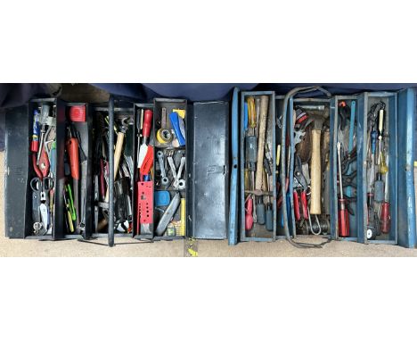Two tool boxes containing numerous tools including spanners, screwdrivers, hammers etc 