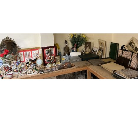 Assorted pottery figures together with scrap albums, photographs, photographic slides, handbags, easel mirror etc 