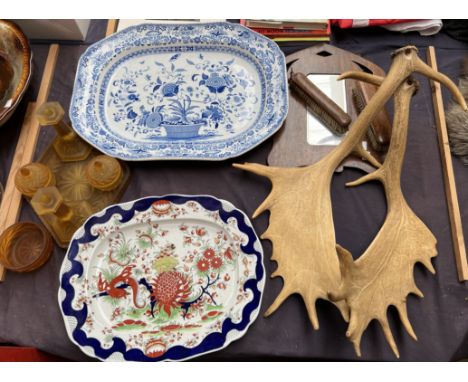 A pair of Moose antlers together with a large Dresden pattern meat plate, another meat plate, glass part dressing table set, 