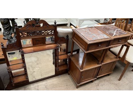 An oak marble topped bedside cabinet together with a fruitwood example and an Edwardian overmantle mirror