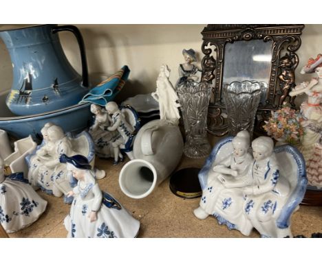 A brass oil lamp together with a pottery jardiniere, figures, photograph frame, glass vases etc
