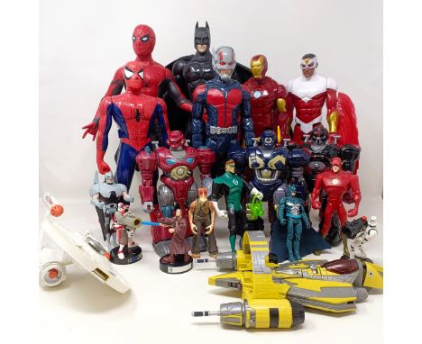 A Batman figure, assorted film related toys and models, and three comic book prints (qty)