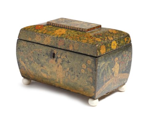 λ A Regency penwork sarcophagus shape tea caddy, decorated with chinoiserie figures and birds, with flowers, trees and leaves