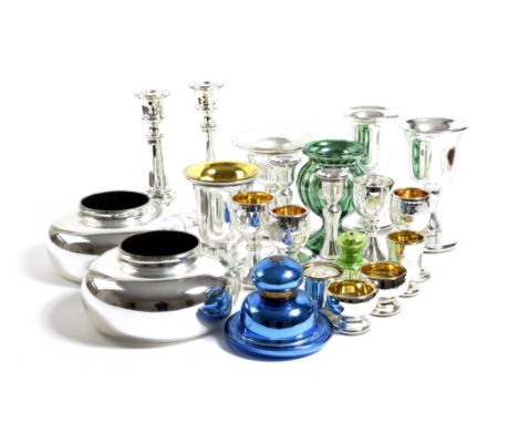 A collection of Victorian mercury or silvered glass, including: a blue glass inkwell by Lund, the base inscribed 'W. LUND PAT
