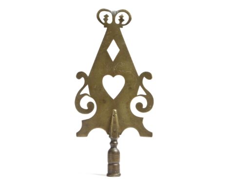 A brass Friendly Society pole head finial, pierced with a love heart and diamonds and engraved with initials 'J C', 22.8cm hi