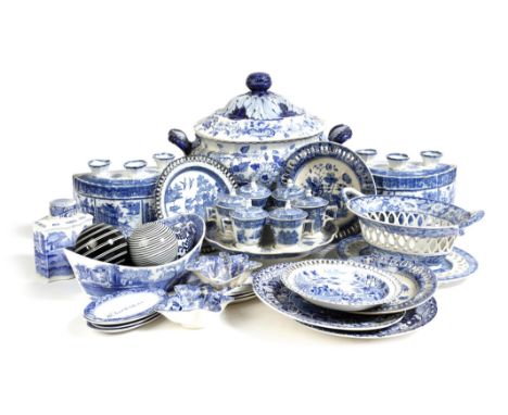 A collection of blue and white pottery, including: a pair of 19th century pearlware bough pots, decorated with a willow patte