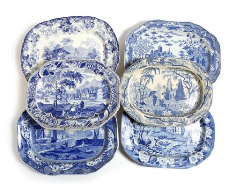 Six 19th century blue and white earthenware meat plates, two by Spode, one from the Caramanian series, one with a river view 