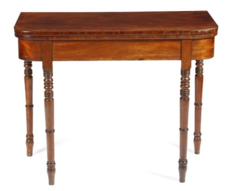 A Regency mahogany 'D' shaped card table, on ring turned tapering legs, 73cm high, 91.6cm wide, 45.2cm deep.Click here to vie