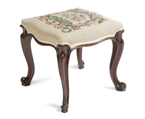 A Victorian mahogany stool, with a tapestry seat, on cabriole legs and scroll toes, 46cm high, 48cm wide, 46.9cm deep.Click h