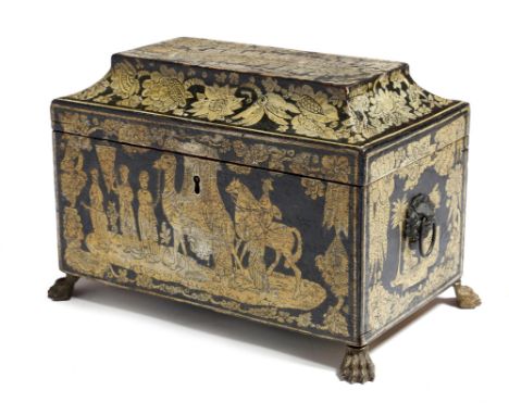 A Regency penwork tea caddy, of sarcophagus shape and decorated with exotic figures, with a camel, the back with riders on ho