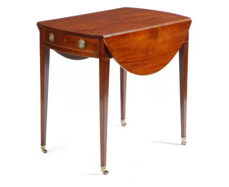 A late George III mahogany Pembroke table, the oval drop-leaf top above a bowfront frieze drawer, with a false front to rever