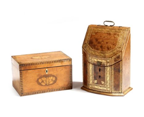A George III satinwood and marquetry tea caddy, with parquetry banding, the hinged lid inlaid with an oval fan patera, reveal