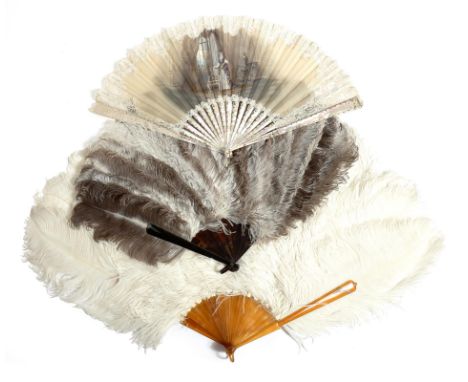 λ An early 20th century American painted lace and mother of pearl fan, decorated with an 18th century lady in a drawing room,