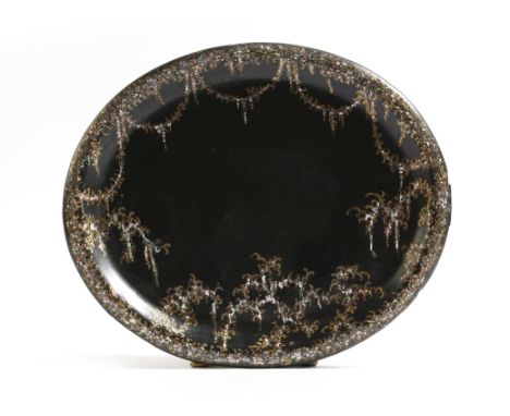 A Victorian papier-mâché oval tray by Jennens & Bettridge, inlaid with mother of pearl, with stamped signature to the verso, 