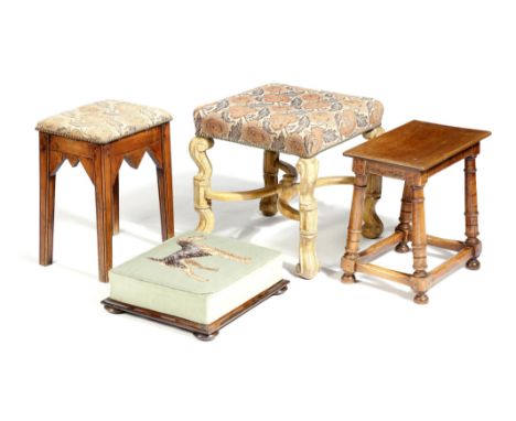 λ A Victorian rosewood stool, the needlework seat decorated with an Airedale terrier, an early 18th century style stool and t