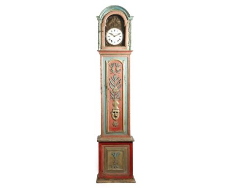 An early 19th century Portuguese painted chestnut longcase clock, the eight day birdcage movement striking on a bell, with an