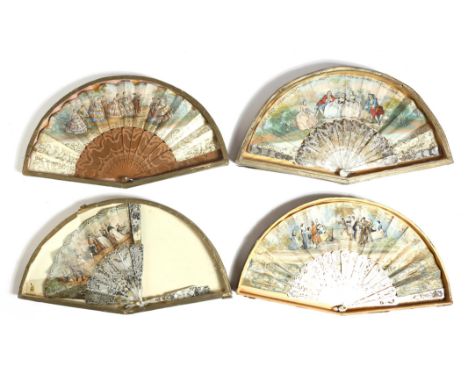Four 19th century continental hand coloured lithograph fans, three with mother of pearl sticks and guards, the other in wood,