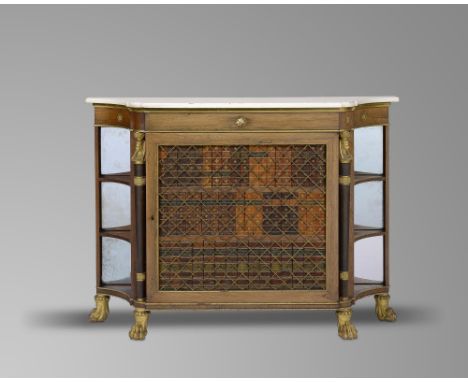 λ A pair of Regency rosewood and giltwood side cabinets in the manner of James Newton, each with a shaped Carrara marble top,