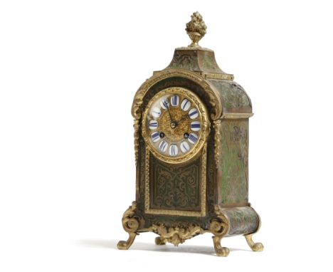 λ A French green tortoiseshell and boulle marquetry mantel clock in Louis XV style, the eight day brass drum movement by Japy