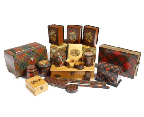 A collection of Scottish Tartan and Mauchline ware, including: a McLean tartan tea caddy, of sarcophagus form, on foliate bra