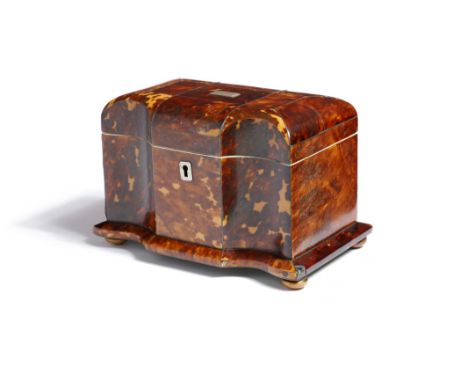 λ A Regency tortoiseshell tea caddy, of sarcophagus shape, inlaid with pewter stringing, the hinged lid with a vacant plaque,