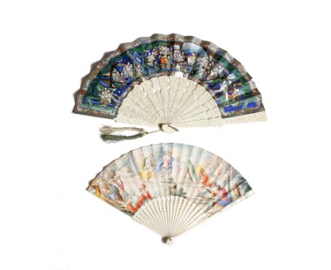 λ An 18th century Italian painted vellum fan, with bone sticks, the guards inlaid with pique work and mother of pearl, the le