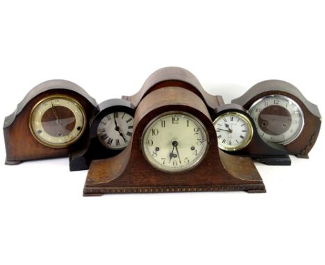 A collection of six mantel clocks and timepieces, to include three with Westminster chimes, in oak and walnut cases respectiv