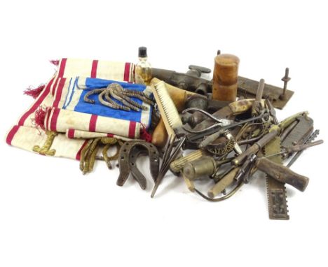 A collection of tools etc., to include screwdrivers, specialist knives, measuring devices and a Masonic type sash.