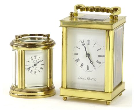 Two modern brass carriage timepieces, one bearing the label for Lepee France, in oval case, the other London Clock Company. (