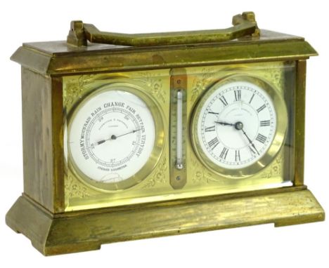 A Victman brass carriage clock and barometer, the dial stamped Parkinson and Frodsham, engraved with leaves etc., 14cm H.Prov
