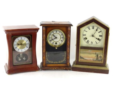 Three mantel clocks, to include an American example with verre eglomise panel decorated with a windmill, 36cm H etc.Provenanc