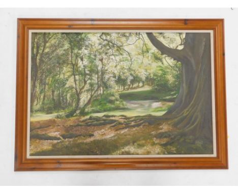 R H Eldred.  Forest scene, oil on board, signed and dated 1993, 60cm x 88cm.