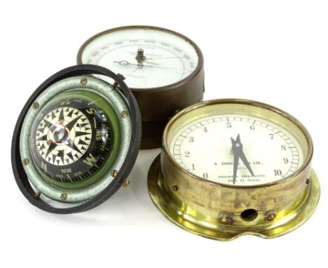 Scientific items, to include a Shortland Bowen barometer, mark 2, a Cook and Sons Limited brass pressure gauge, and a ship or