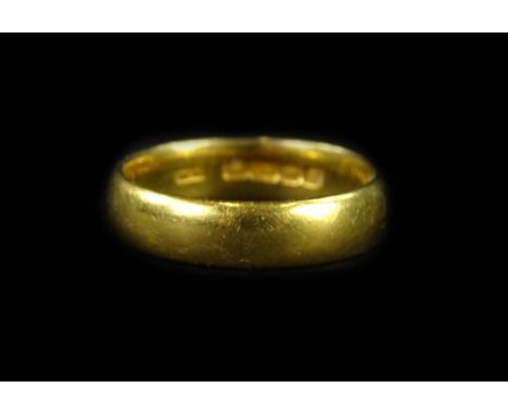 A 22ct gold wedding band, of plain design, makers stamp WM, ring size P½, 6.2g.