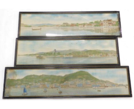 A set of three oriental silk landscape prints, each depicting Chinese river landscapes, to include Hong Kong, 27cm x 119cm an