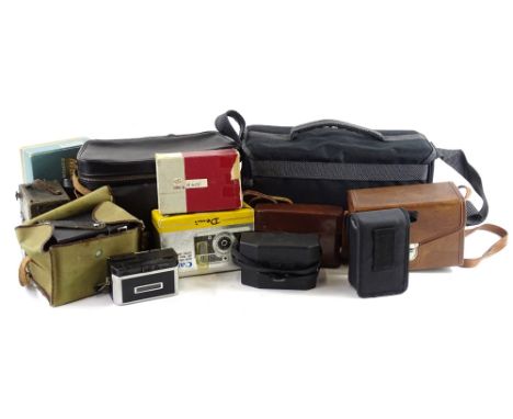 Miscellaneous cameras and lenses, to include a Butcher's Sporty carbide box camera, Kodak instamatic, Fujica 35mm automatic, 