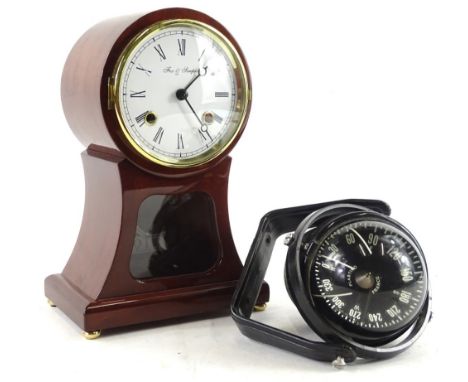 A mahogany mantel clock in 19thC style, the dial stamped Fox &amp; Simpson, 35cm H and a ships' compass, stamped Plastimo Fra