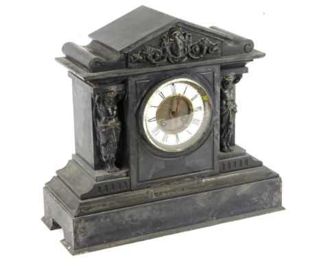 A late 19thC French black slate and gilt metal portico type clock, the enamel dial with Roman numerals, 37cm H.