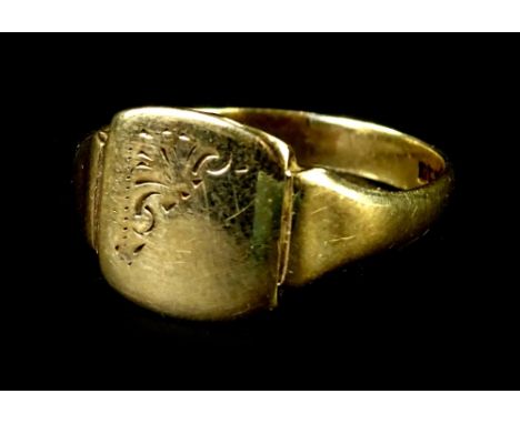 A 9ct gold signet ring, with scroll engraved square ring head, ring size U, 3.1g all in. 