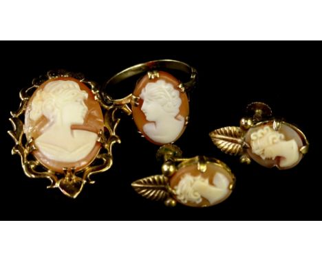 Various cameo jewellery, to include a pair of rolled gold cameo screw back earrings, and a cameo dress ring, in claw setting,