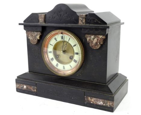 A French black slate and marble mantel clock, the shaped top above a part enamel dial, decorated with Roman Numerals, 26cm H.