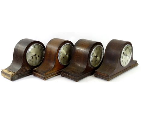 Four oak cased napoleons hat mantel clocks, to include one with Westminster chime. (AF)Provenance: This timepiece formed part