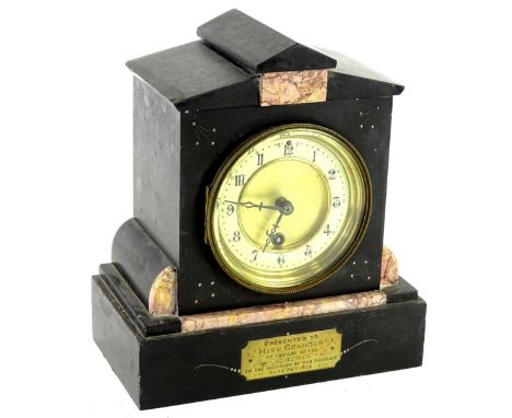 A French black slate and marble mantel clock, the enamel type dial with Arabic numerals, bearing brass plaque, engraved Prese