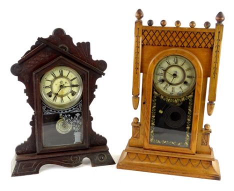 Two American mantel clocks, one with carved ash case, painted dial and verre eglomise embellishment, 58cm H and another simil